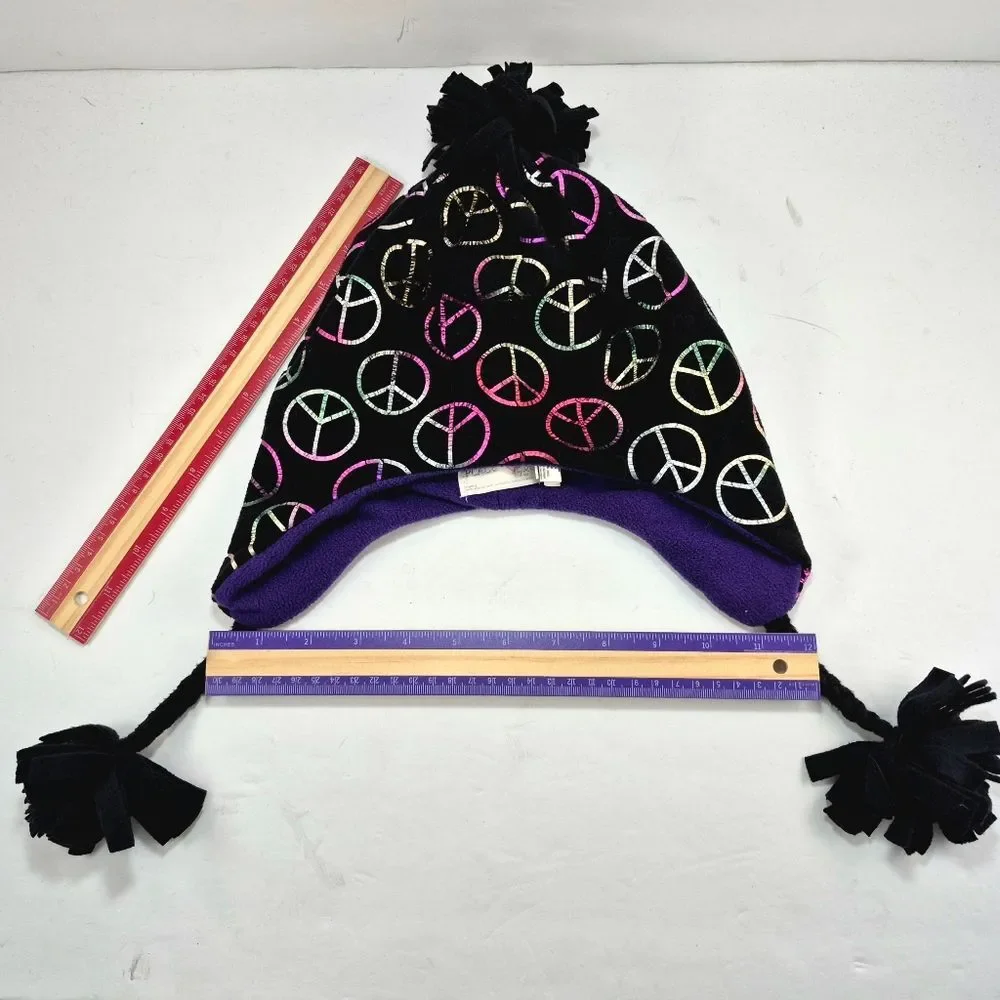The Children's Place Black Fleece Earflap Winter Hat w/ Iridescent Peace Signs